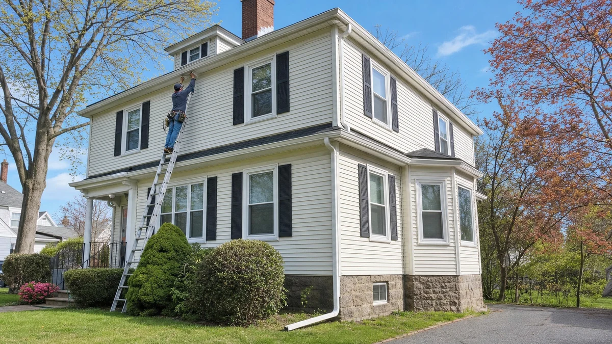 Seamless gutter installation on colonial home Lawrence Massachusetts Essex County Merrimack Valley Connor